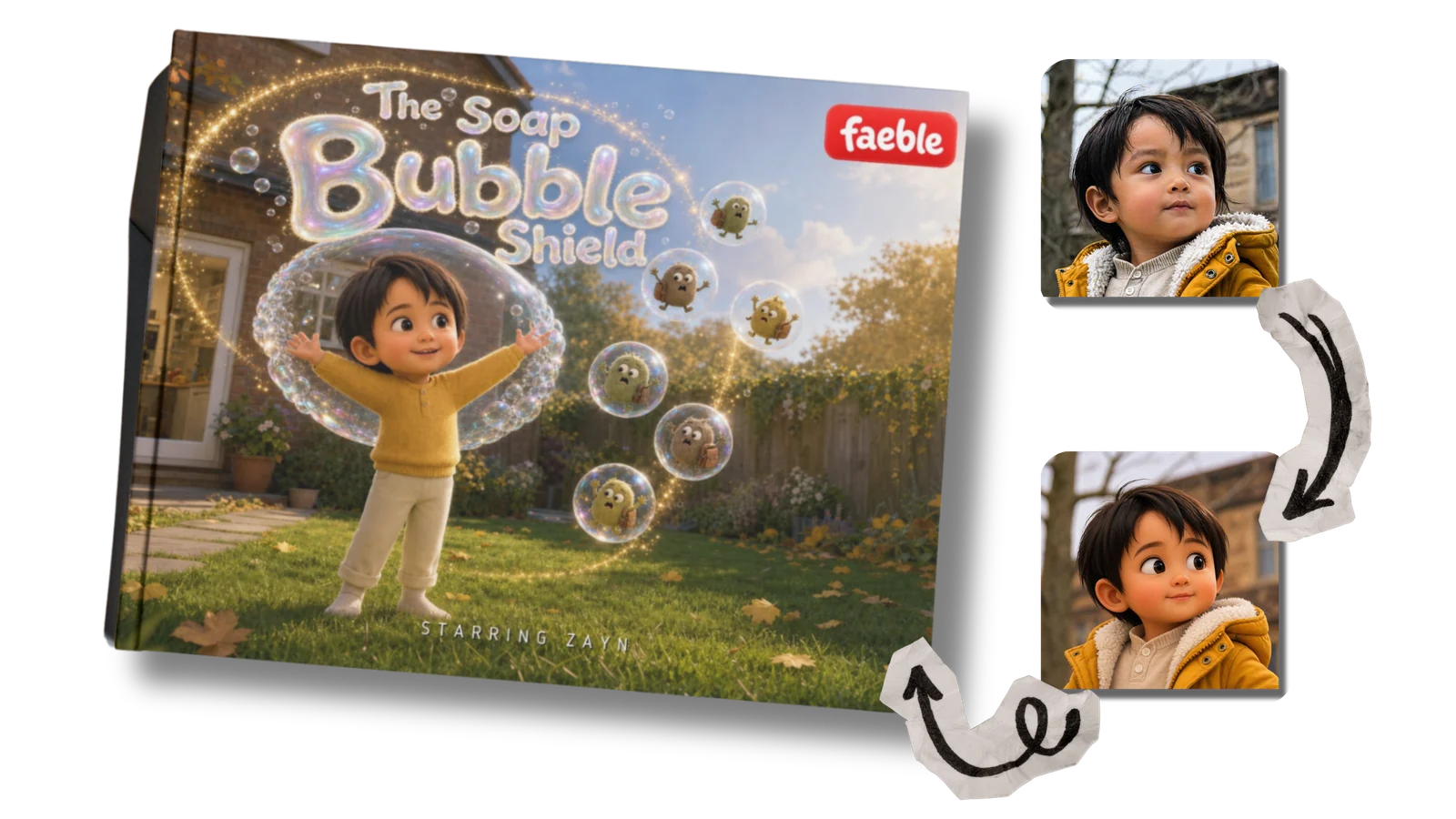 Foto anak berubah menjadi karakter utama di buku cerita Faeble